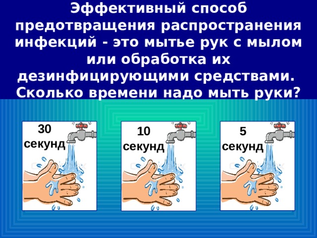 Эффективный способ предотвращения распространения инфекций - это мытье рук с мылом или обработка их дезинфицирующими средствами.  Сколько времени надо мыть руки? 30 секунд 5 секунд 10 секунд 