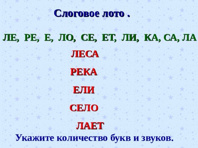 Слоговое лото . ЛЕ, РЕ, Е, ЛО, СЕ, ЕТ, ЛИ, КА, СА, ЛА ЛЕСА РЕКА ЕЛИ СЕЛО ЛАЕТ Укажите количество букв и звуков. 