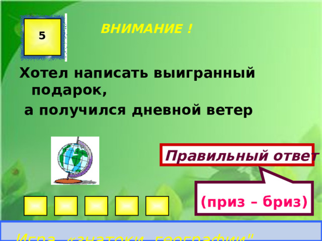 (приз – бриз) ВНИМАНИЕ ! 5 Хотел написать выигранный подарок,  а получился дневной ветер  Правильный ответ Игра «знатоки географии