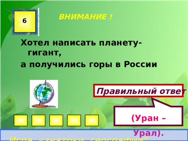 (Уран – Урал). ВНИМАНИЕ ! 6 Хотел написать планету-гигант, а получились горы в России  Правильный ответ Игра «знатоки географии