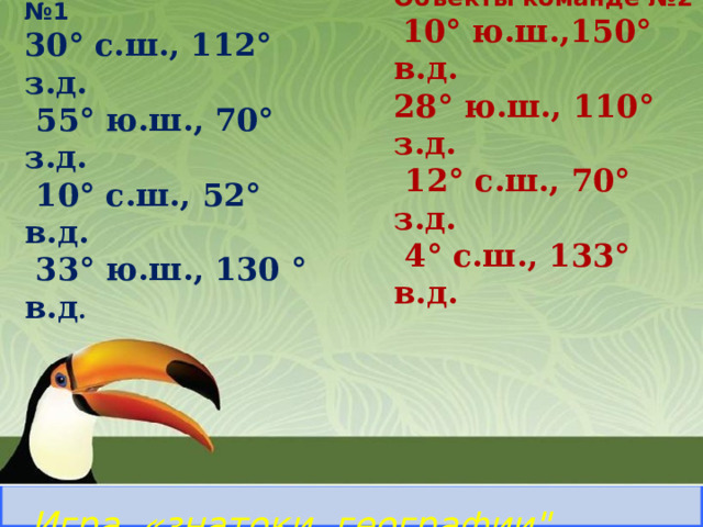 Объекты команде №1 30° с.ш., 112° з.д.  55° ю.ш., 70° з.д.  10° с.ш., 52° в.д.  33° ю.ш., 130 ° в.д .   Объекты команде №2  10° ю.ш.,150° в.д. 28° ю.ш., 110° з.д.  12° с.ш., 70° з.д.  4° с.ш., 133° в.д. Северный Ледовитый океан ВНИМАНИЕ ! 8 Самый северный океан Правильный ответ Игра «знатоки географии