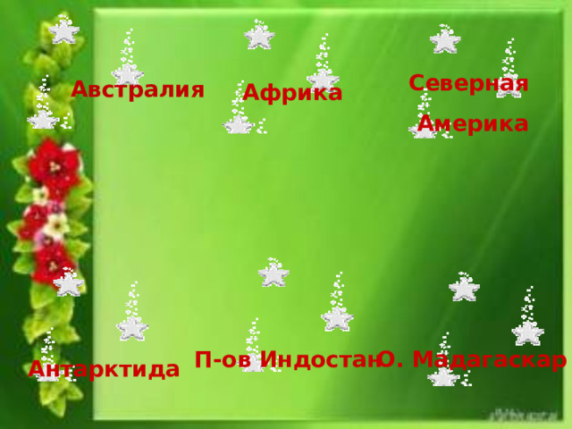 Северная Америка Африка Австралия П-ов Индостан О. Мадагаскар Антарктида 