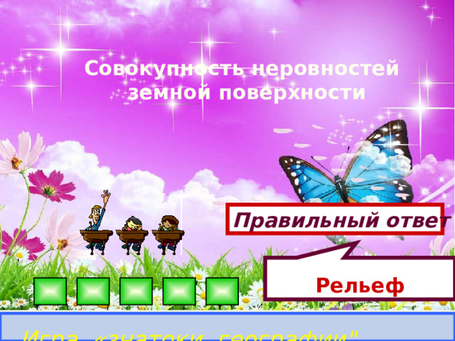 Рельеф  Совокупность неровностей земной поверхности Правильный ответ Игра «знатоки географии