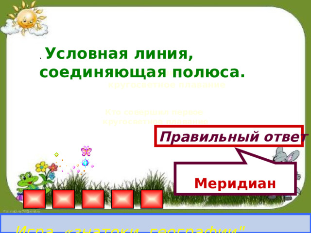 Меридиан  . Условная линия, соединяющая полюса. Кто совершил первое кругосветное плавание Кто совершил первое Кто совершил первое кругосветное плавание кругосветное плавание Правильный ответ Игра «знатоки географии