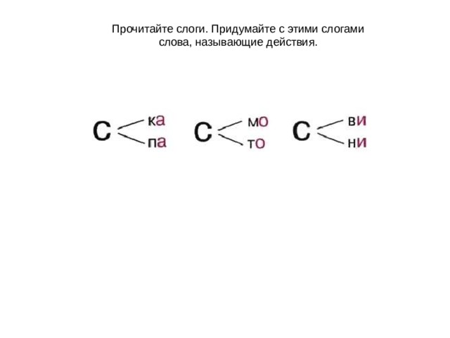 Прочитайте слоги. Придумайте с этими слогами слова, называющие действия. 