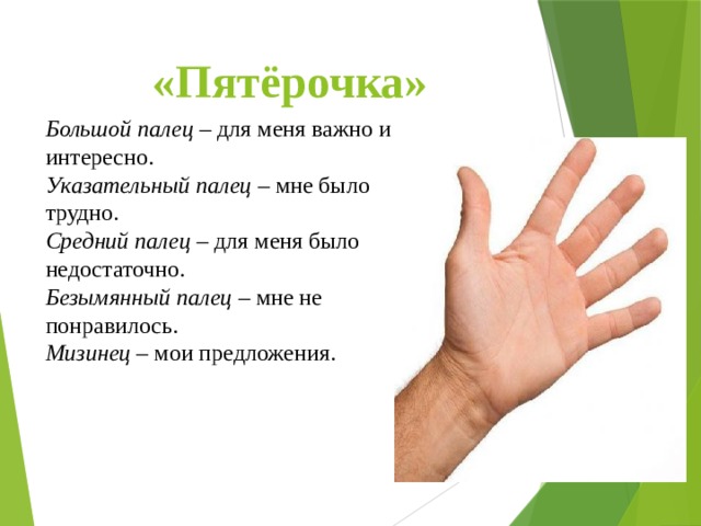 «Пятёрочка» Большой палец – для меня важно и интересно. Указательный палец – мне было трудно. Средний палец – для меня было недостаточно. Безымянный палец – мне не понравилось. Мизинец – мои предложения. 