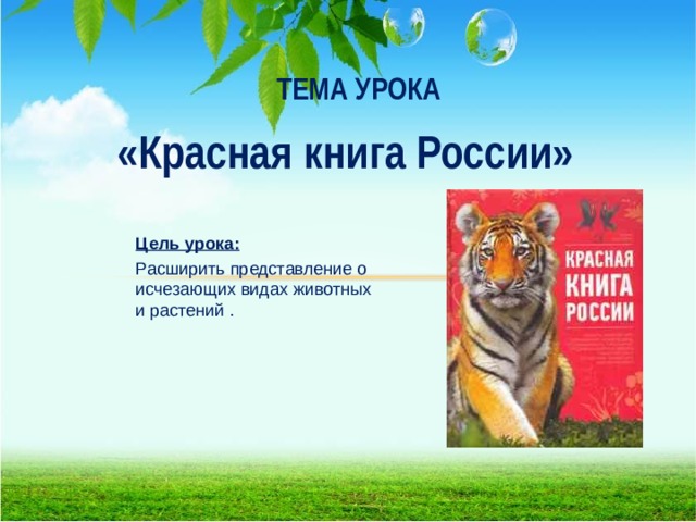 ТЕМА УРОКА   «Красная книга России»  Цель урока: Расширить представление о исчезающих видах животных и растений .  
