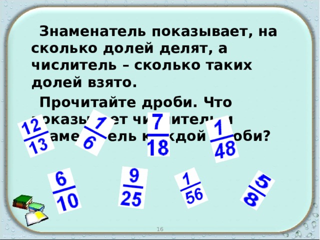  Знаменатель показывает, на сколько долей делят, а числитель – сколько таких долей взято.  Прочитайте дроби. Что показывает числитель и знаменатель каждой дроби?  16 