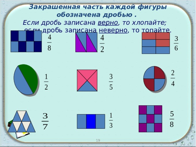 Закрашенная часть каждой фигуры обозначена дробью .  Если дробь записана верно , то хлопайте;  если дробь записана неверно , то топайте. 19 