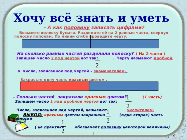 Хочу всё знать и уметь   – А как половину записать цифрами?  Возьмите полоску бумаги. Разделите её на 2 равные части, свернув полоску пополам. По линии сгиба проведите черту.     – На сколько равных частей разделили полоску? ( На 2 части )  Запишем число 2 под чертой вот так: . Черту называют дробной ,     а  число, записанное под чертой – знаменателем.    Закрасьте одну часть  красным  цветом .     – Сколько частей закрасили  красным  цветом?  (1 часть)  Запишем число 1 над дробной чертой вот так:   Число, записанное над чертой, называют числителем.    ВЫВОД:  красным цветом закрашена (одна вторая) часть полоски   ( на практике обозначает половину некоторой величины) 5 