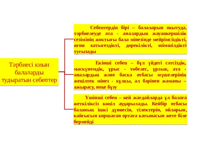  Себептердің бірі – балаларын оқытуда, тәрбиелеуде ата - аналардың жауапкершілік сезімінің жоқтығы бала мінезінде мейрімсіздікті, яғни қатыгездікті, дөрекілікті, өзімшілдікті туғызады Тәрбиесі қиын балаларды тудыратын себептер  Екінші себеп – бұл үйдегі сәтсіздік, маскүнемдік, ұрыс - төбелес, ұрлық, ата - аналардың және басқа отбасы мүшелерінің жеңілтек мінез - құлқы, ал бәрінен жаманы – ажырасу, неке бұзу  Үшінші себеп – кей жағдайларда ұл балаға жеткіліксіз көңіл аударылады. Кейбір отбасы баланың ішкі дүниесін, тілектерін, ойларын, қайғысын қоршаған ортаға қатынасын жете біле бермейді  