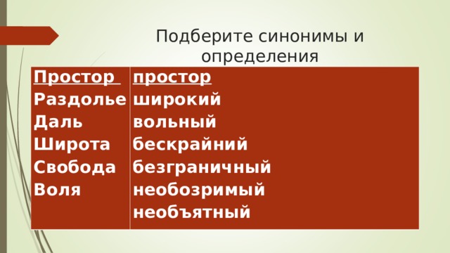 Подберите синонимы и определения Простор  Раздолье Даль  Широта Свобода Воля простор широкий вольный бескрайний безграничный необозримый необъятный 