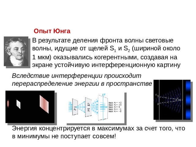 Опыт Юнга В результате деления фронта волны световые  волны, идущие от щелей S 1 и S 2 (шириной около  1 мкм)  оказывались когерентными, создавая на  экране устойчивую интерференционную картину Вследствие интерференции происходит  перераспределение энергии в пространстве   Энергия концентрируется в максимумах за счет того, что в минимумы не поступает совсем! 