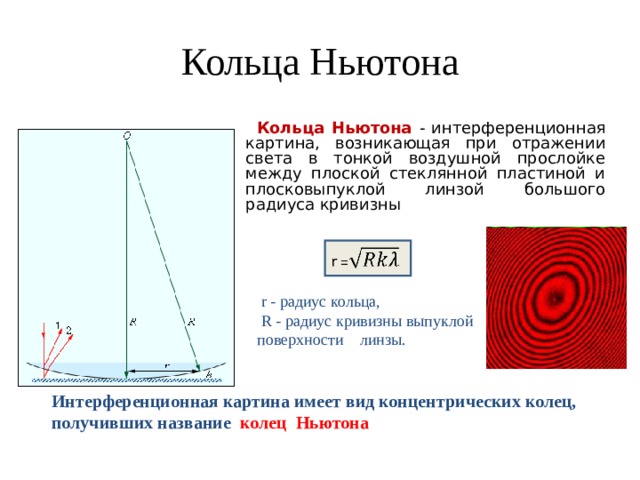 Кольца Ньютона Кольца Ньютона - интерференционная картина, возникающая при отражении света в тонкой воздушной прослойке между плоской стеклянной пластиной и плосковыпуклой линзой большого радиуса кривизны  r - радиус кольца,  R - радиус кривизны выпуклой поверхности линзы.   Интерференционная картина имеет вид концентрических колец, получивших название колец Ньютона 