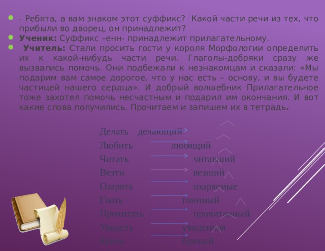 - Ребята , а  вам  знаком  этот  суффикс ? К акой  части  речи  из  тех , что  прибыли  во  дворец , он  принадлежит ? Ученик :  Суффикс  –енн - принадлежит  прилагательному .  Учитель : Стали  просить  гости  у  короля  Морфологии  определить  их  к  какой - нибудь  части  речи . Глаголы - добряки  сразу  же  вызвались  помочь . Они  подбежали  к  незнакомцам  и  сказали : «Мы  подарим  вам  самое  дорогое , что  у  нас  есть  –  основу , и  вы  будете  частицей  нашего  сердца» . И  добрый  волшебник  Прилагательное  тоже  захотел  помочь  несчастным  и  подарил  им  окончания . И  вот  какие  слова  получились . Прочитаем  и  запишем  их  в  тетрадь . Делать   делающий Любить  любящий Читать  читавший Везти  везший Озарять  озаряемые Гнать  гонимый Прочитать  прочитанный Увидеть  увиденная Брить  бритый 