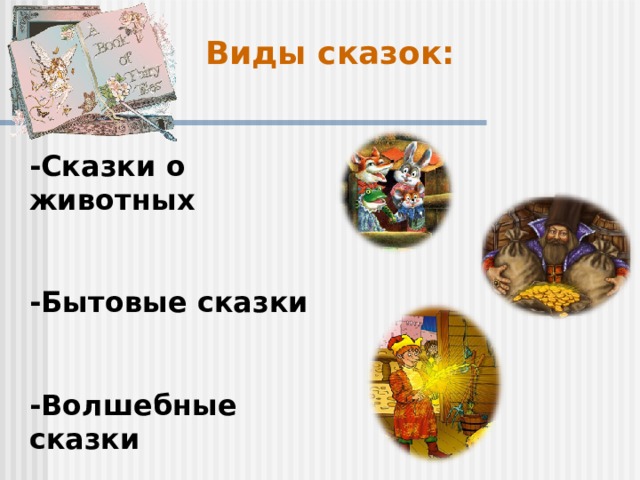 Виды сказок: -Сказки о животных -Бытовые сказки -Волшебные сказки 