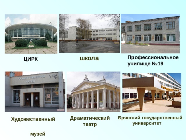  школа Профессиональное училище №19 ЦИРК Художественный   музей Драматический  театр Брянский государственный  университет 