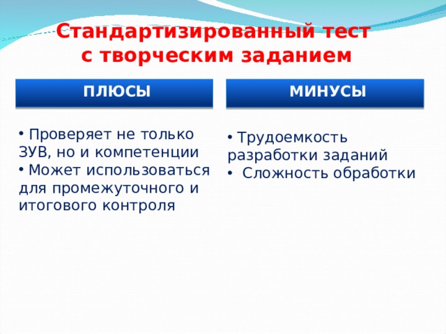Стандартизированный тест  с творческим заданием ПЛЮСЫ МИНУСЫ  Проверяет не только ЗУВ, но и компетенции  Может использоваться для промежуточного и итогового контроля  Трудоемкость разработки заданий  Сложность обработки  
