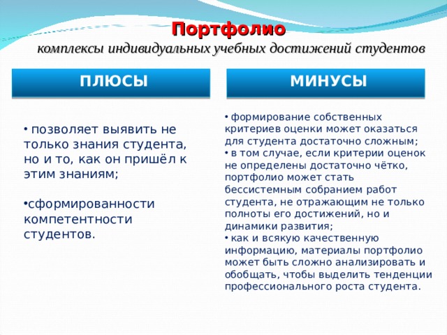Портфолио  комплексы индивидуальных учебных достижений студентов ПЛЮСЫ МИНУСЫ  формирование собственных критериев оценки может оказаться для студента достаточно сложным ;  в том случае, если критерии оценок не определены достаточно чётко, портфолио может стать бессистемным собранием работ студента, не отражающим не только полноты его достижений, но и динамики развития ;  как и всякую качественную информацию, материалы портфолио может быть сложно анализировать и обобщать, чтобы выделить тенденции профессионального роста студента.  позволяет выявить не только знания студента, но и то, как он пришёл к этим знаниям ; сформированности компетентности студентов .  