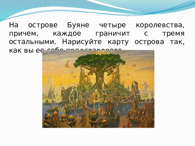 На острове Буяне четыре королевства, причем, каждое граничит с тремя остальными. Нарисуйте карту острова так, как вы ее себе представляете. 