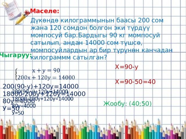 Маселе: Дүкөндө килограммынын баасы 200 сом жана 120 сомдон болгон эки түрдүү момпосуй бар.Бардыгы 90 кг момпосуй сатылып, андан 14000 сом түшсө, момпосуйлардын ар бир түрүнөн канчадан килограммм сатылган? Чыгаруу: Х=90-у Х=90-50=40   200(90-у)+120у=14000 18000-200у+120у=14000 80у=4000 У=50 Жообу: (40;50) 