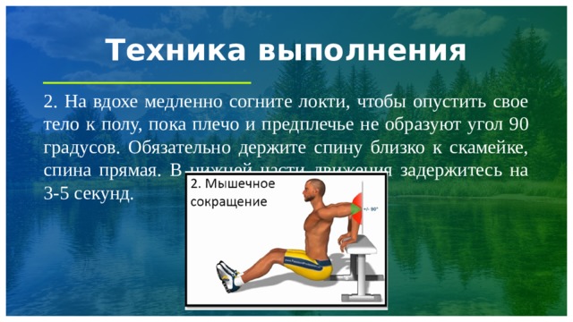 Техника выполнения 2. На вдохе медленно согните локти, чтобы опустить свое тело к полу, пока плечо и предплечье не образуют угол 90 градусов. Обязательно держите спину близко к скамейке, спина прямая. В нижней части движения задержитесь на 3-5 секунд. 1 