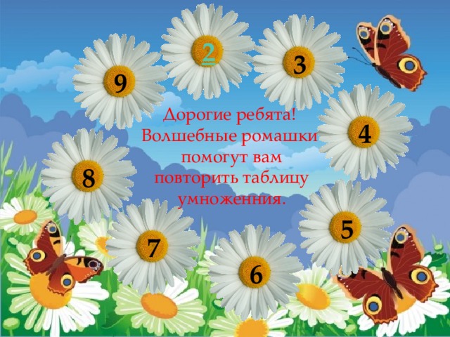 3 9 Дорогие ребята! Волшебные ромашки помогут вам  повторить таблицу умноженния. 4 8 5 7 6 