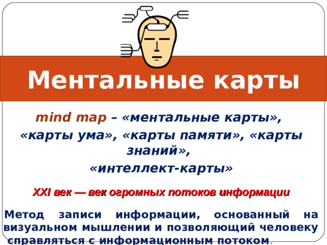 Ментальные карты mind map – «ментальные карты», «карты ума», «карты памяти», «карты знаний», «интеллект-карты»  XXI век — век огромных потоков информации  Метод записи информации, основанный на визуальном мышлении и позволяющий человеку справляться с информационным потоком . 