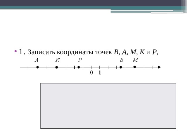1. Записать координаты точек В, А, М, К и Р , изображенных на координатной прямой : 