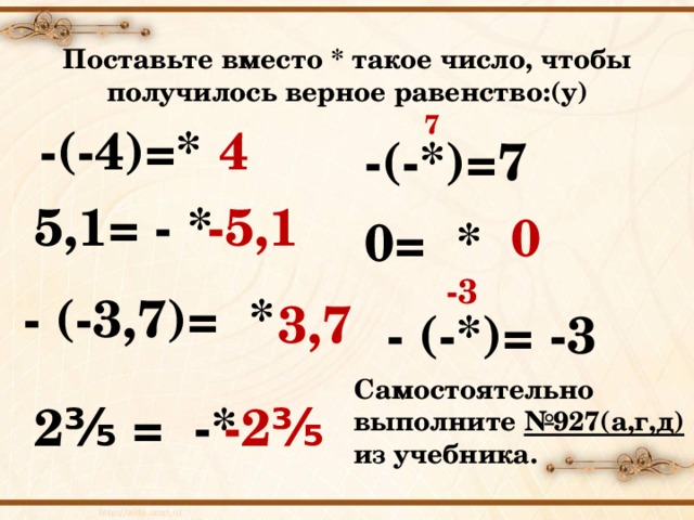 Поставьте вместо * такое число, чтобы получилось верное равенство:(у) 7 -(-4)=* 4 -(- * )= 7 5,1= - * -5,1 0 0 = * -3 - (-3,7)= * 3,7 - (- * )= -3 Самостоятельно выполните №927(а,г,д) из учебника. 2⅗ = -* -2 ⅗ 