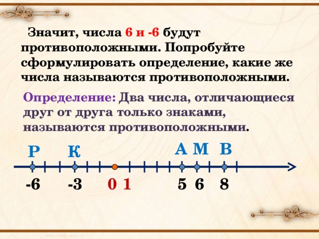  Значит, числа 6 и -6 будут противоположными. Попробуйте сформулировать определение, какие же числа называются противоположными. Определение:  Два числа, отличающиеся друг от друга только знаками, называются противоположными . А В М К Р 1 -3 -6 6 0 5 8 