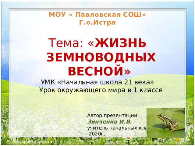 МОУ « Павловская СОШ»  Г.о.Истра Тема: « ЖИЗНЬ ЗЕМНОВОДНЫХ ВЕСНОЙ»  УМК «Начальная школа 21 века»  Урок окружающего мира в 1 классе Автор презентации: Зинченко И.В. учитель начальных классов  2020г. 