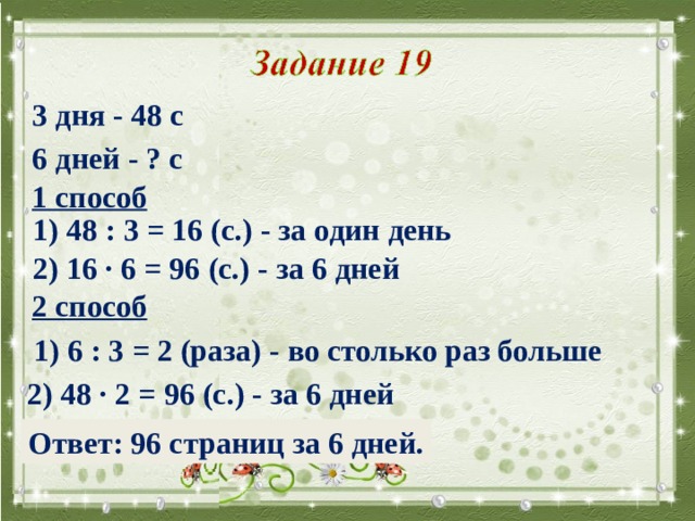 3 дня - 48 с 6 дней - ? с 1 способ 1) 48 : 3 = 16 (с.) - за один день 2) 16 ∙ 6 = 96 (с.) - за 6 дней 2 способ 1) 6 : 3 = 2 (раза) - во столько раз больше 2) 48 ∙ 2 = 96 (с.) - за 6 дней Ответ: 96 страниц за 6 дней. 