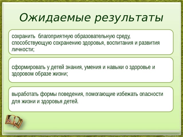 Ожидаемые результаты сохранить благоприятную образовательную среду, способствующую сохранению здоровья, воспитания и развития личности; сформировать у детей знания, умения и навыки о здоровье и здоровом образе жизни; выработать формы поведения, помогающие избежать опасности для жизни и здоровья детей. 