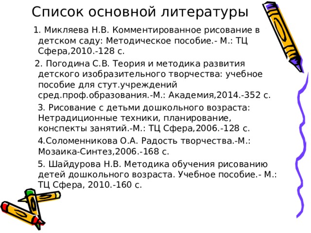 Список основной литературы  1. Микляева Н.В. Комментированное рисование в детском саду: Методическое пособие.- М.: ТЦ Сфера,2010.-128 с.  2. Погодина С.В. Теория и методика развития детского изобразительного творчества: учебное пособие для стут.учреждений сред.проф.образования.-М.: Академия,2014.-352 с.  3. Рисование с детьми дошкольного возраста: Нетрадиционные техники, планирование, конспекты занятий.-М.: ТЦ Сфера,2006.-128 с.  4.Соломенникова О.А. Радость творчества.-М.: Мозаика-Синтез,2006.-168 с.  5. Шайдурова Н.В. Методика обучения рисованию детей дошкольного возраста. Учебное пособие.- М.: ТЦ Сфера, 2010.-160 с. 