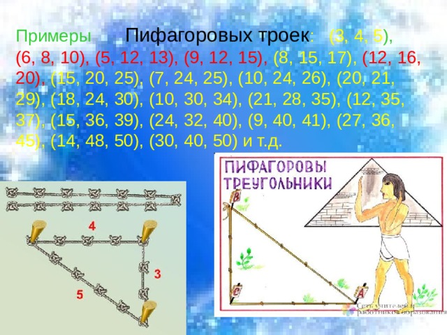 Примеры  Пифагоровых троек : (3, 4, 5 ),  (6, 8, 10), (5, 12, 13), (9, 12, 15), (8, 15, 17), (12, 16, 20), (15, 20, 25), (7, 24, 25), (10, 24, 26), (20, 21, 29), (18, 24, 30), (10, 30, 34), (21, 28, 35), (12, 35, 37), (15, 36, 39), (24, 32, 40), (9, 40, 41), (27, 36, 45), (14, 48, 50), (30, 40, 50) и т.д. 