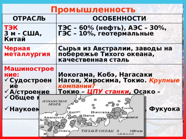 Промышленность ОТРАСЛЬ ОСОБЕННОСТИ ТЭК  3 м - США, Китай ТЭС – 60% (нефть), АЭС – 30%, ГЭС – 10%, геотермальные Черная металлургия Сырья из Австралии, заводы на побережье Тихого океана, качественная сталь Машиностроение: Судостроение А/строение Общее м/с  Иокогама, Кобэ, Нагасаки Наукоемкое Нагоя, Хиросима, Токио. Крупные компании? Токио – ЦПУ станки , Осако – металлоемкое Нагоя – станки Токио, Осака, Иокогама, Фукуока - роботы, ЭВМ 