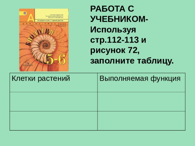 РАБОТА С УЧЕБНИКОМ- Используя стр.112-113 и рисунок 72, заполните таблицу. Клетки растений Выполняемая функция 