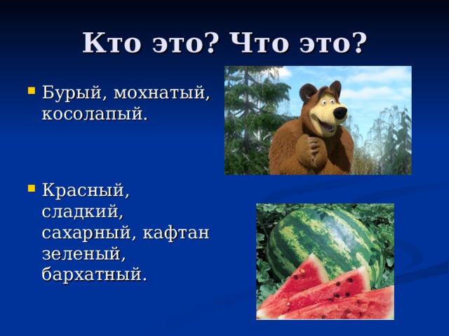 Кто это? Что это? Бурый, мохнатый, косолапый. Красный, сладкий, сахарный, кафтан зеленый, бархатный. 