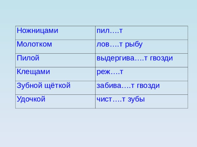 Ножницами пил….т Молотком лов….т рыбу Пилой выдергива….т гвозди Клещами реж….т Зубной щёткой забива….т гвозди Удочкой чист….т зубы 