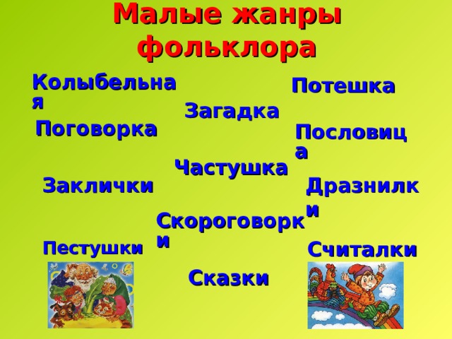 Малые жанры фольклора Колыбельная  Потешка  Загадка  Поговорка  Пословица  Частушка  Дразнилки Заклички Скороговорки  Считалки  Пестушки  Сказки    