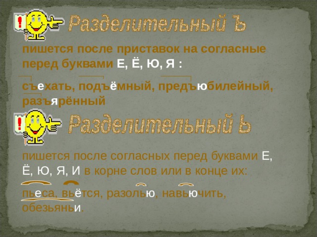 пишется после приставок на согласные перед  буквами Е, Ё, Ю, Я : съ е хать, подъ ё мный, предъ ю билейный, разъ я рённый пишется после согласных перед буквами Е,  Ё, Ю, Я, И в корне слов или в конце их: пь е са, вь ё тся, разоль ю , навь ю чить, обезьянь и . 