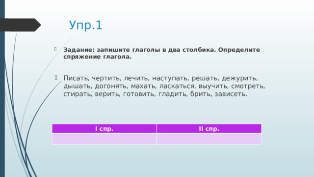 Упр.1 Задание: запишите глаголы в два столбика. Определите спряжение глагола. Писать, чертить, лечить, наступать, решать, дежурить, дышать, догонять, махать, ласкаться, выучить, смотреть, стирать, верить, готовить, гладить, брить, зависеть. I спр. II спр. 