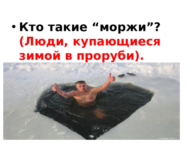 Кто такие “моржи”? (Люди, купающиеся зимой в проруби). 