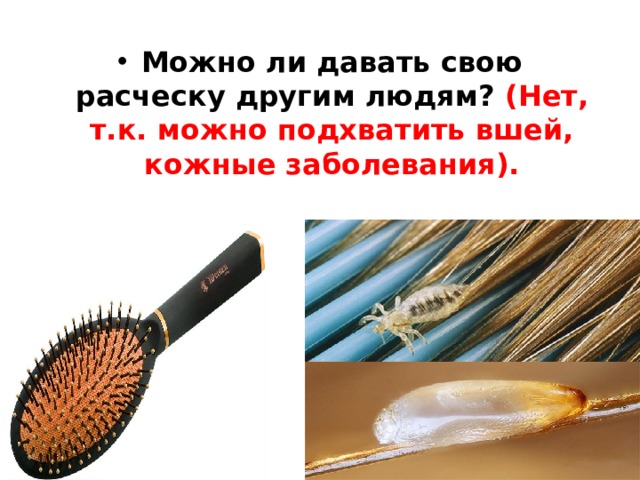 Можно ли давать свою расческу другим людям? (Нет, т.к. можно подхватить вшей, кожные заболевания). 