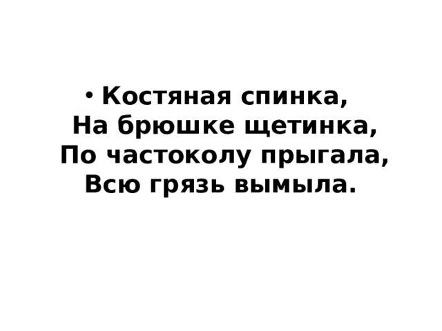 Костяная спинка,   На брюшке щетинка,   По частоколу прыгала,   Всю грязь вымыла.   