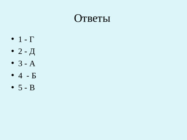 Ответы 1 - Г 2 - Д 3 - А 4 - Б 5 - В 
