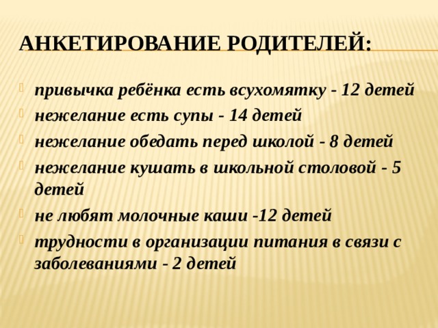 Анкетирование родителей: привычка ребёнка есть всухомятку - 12 детей нежелание есть супы - 14 детей нежелание обедать перед школой - 8 детей нежелание кушать в школьной столовой - 5 детей не любят молочные каши -12 детей трудности в организации питания в связи с заболеваниями - 2 детей 