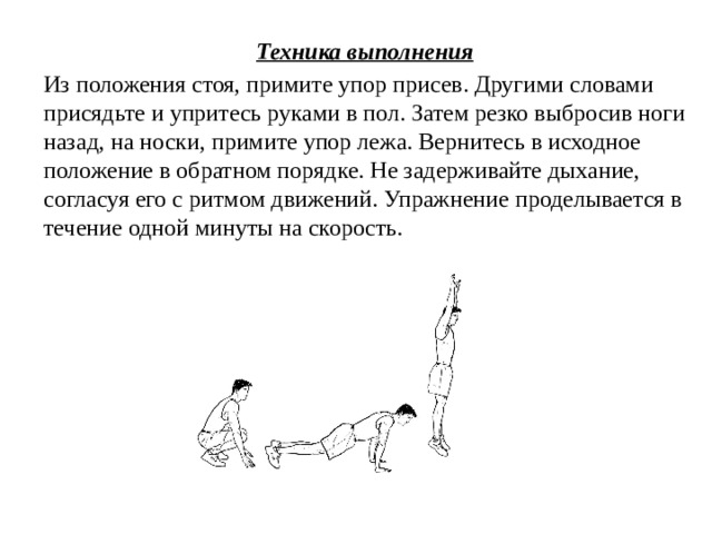 Техника выполнения Из положения стоя, примите упор присев. Другими словами присядьте и упритесь руками в пол. Затем резко выбросив ноги назад, на носки, примите упор лежа. Вернитесь в исходное положение в обратном порядке. Не задерживайте дыхание, согласуя его с ритмом движений. Упражнение проделывается в течение одной минуты на скорость. 