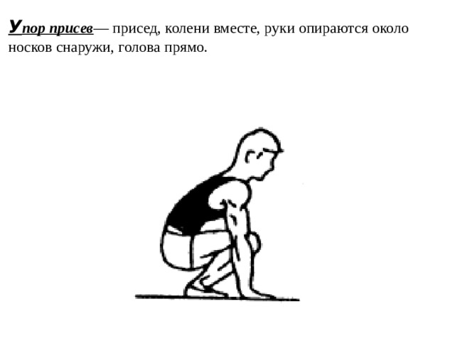 У пор присев — присед, колени вместе, руки опираются око­ло носков снаружи, голова прямо .  